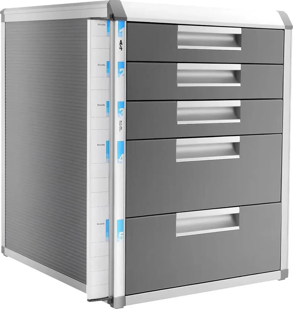 Organiseur de bureau 5 tiroirs en aluminium gris avec serrure sécurisée