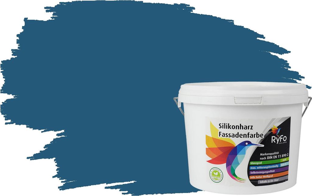 RyFo Colors Silikonharz Fassadenfarbe Lotuseffekt Trend Azurblau 3l - bunte Fassadenfarbe, weitere Blau Farbtöne und Größen erhältlich, Deckkra...