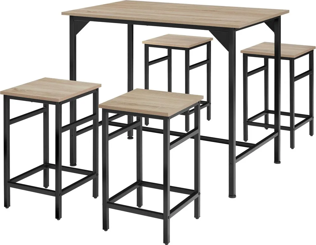 Table Haute de Bar EDINBURGH Industrielle en Bois Clair avec 4 Assises