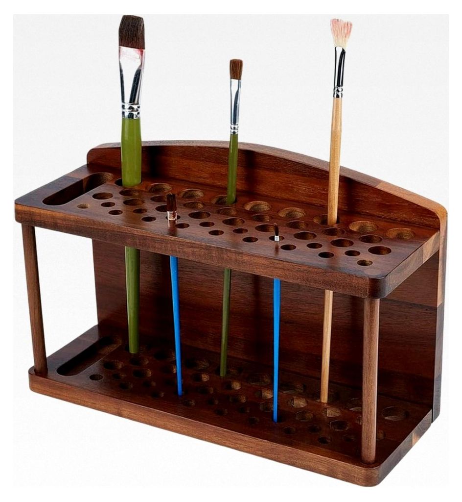 2-Etagen Holzfarbbürstenhalter mit 44 Schlitzen für Stifte und Wasserfarbbürsten für Schreibtisch, Schule, Büro und Kunstmateriallagerung