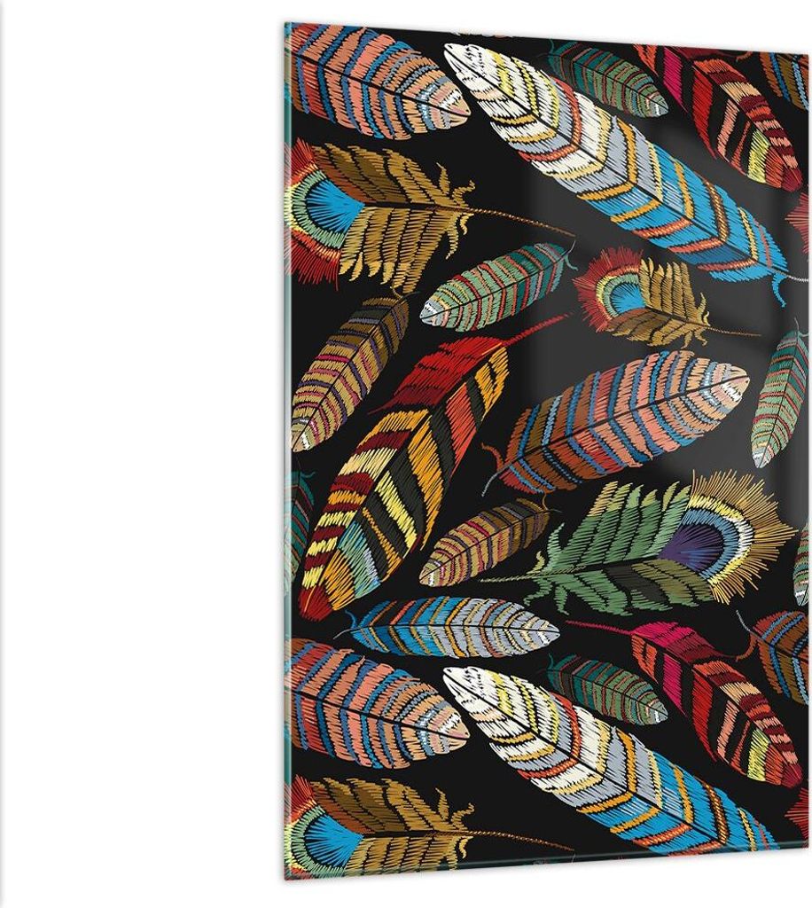 Bilder auf glas - Einteilig - Federn Bunt Stickerei - 80x120cm - Glasbilder - Wandbilder - Bilder - zum Aufhängen bereit - Wanddekoration aus Glas...