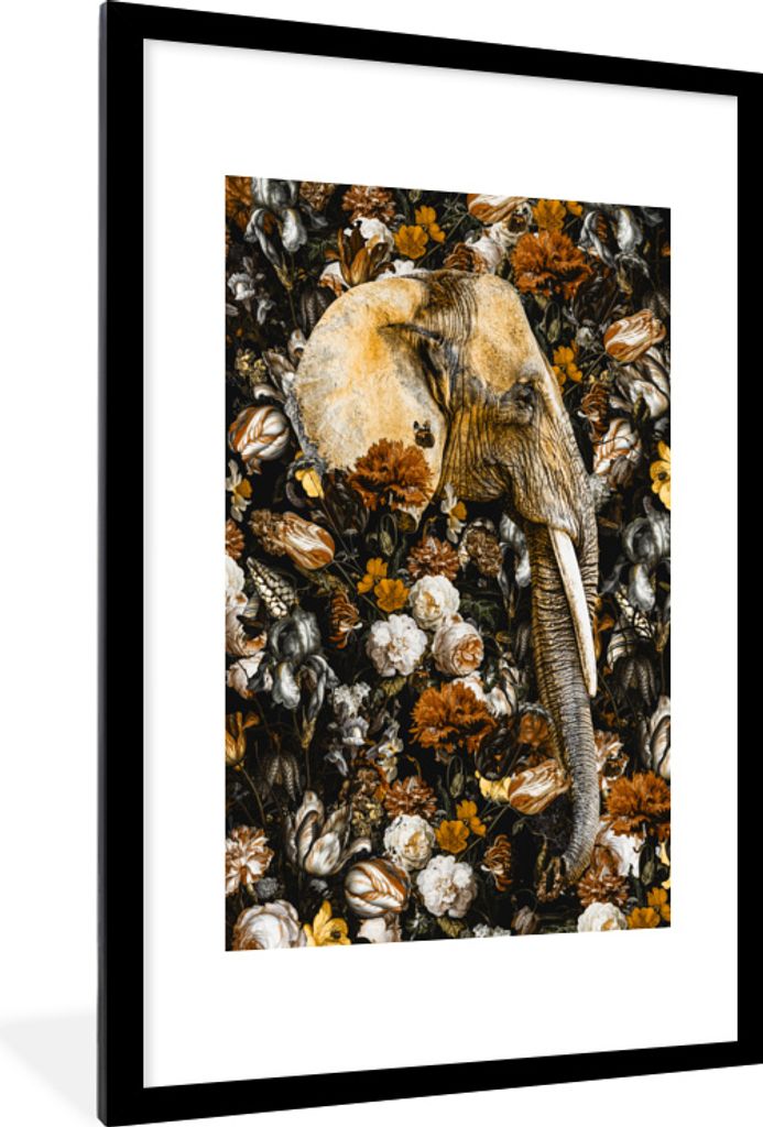MuchoWow MuchoWow Gerahmtes Poster Elefant - Blumen - Braun 60x90 cm - Poster mit zchwarzem Bilderrahmen - Dekoration - Wandposter Wohnzimmer -...