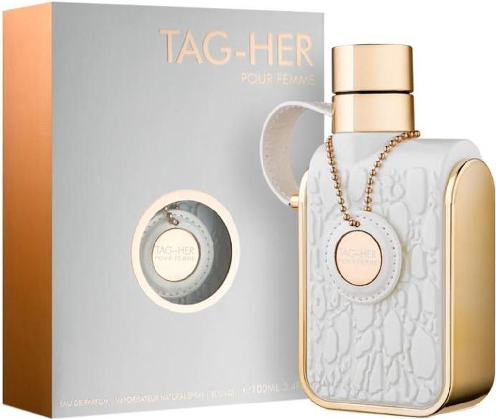 A perfume bottle and its packaging are displayed.