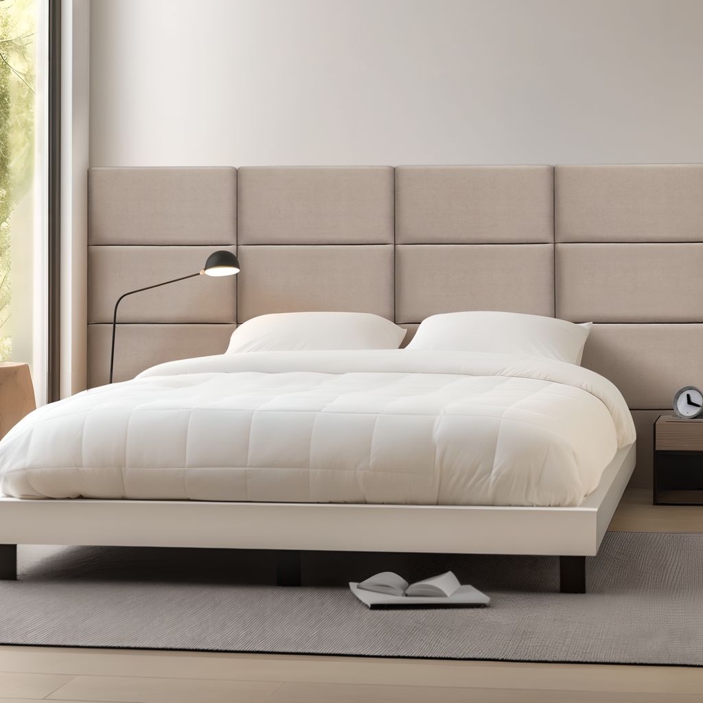 A bedroom scene with a bed and headboard.