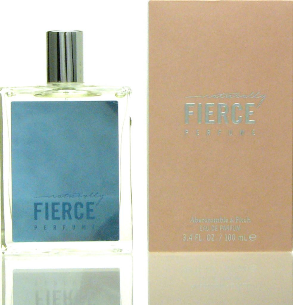 A bottle of Abercrombie & Fitch Fierce perfume and its packaging are displayed side-by-side against a white background.