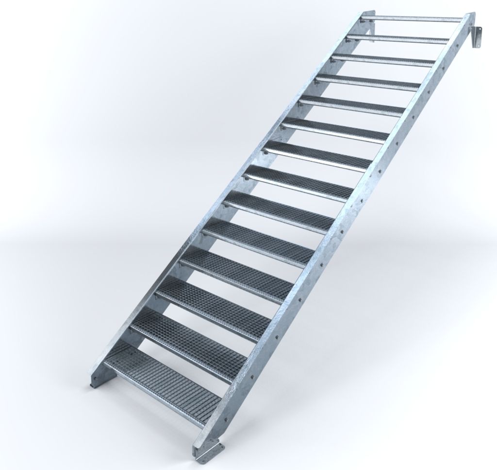 Stahltreppe 14 Stufen bis Höhe 280 cm, Laufbreite : 110 cm kein Geländer ST 2 (31 / 31 mm gezackt)
