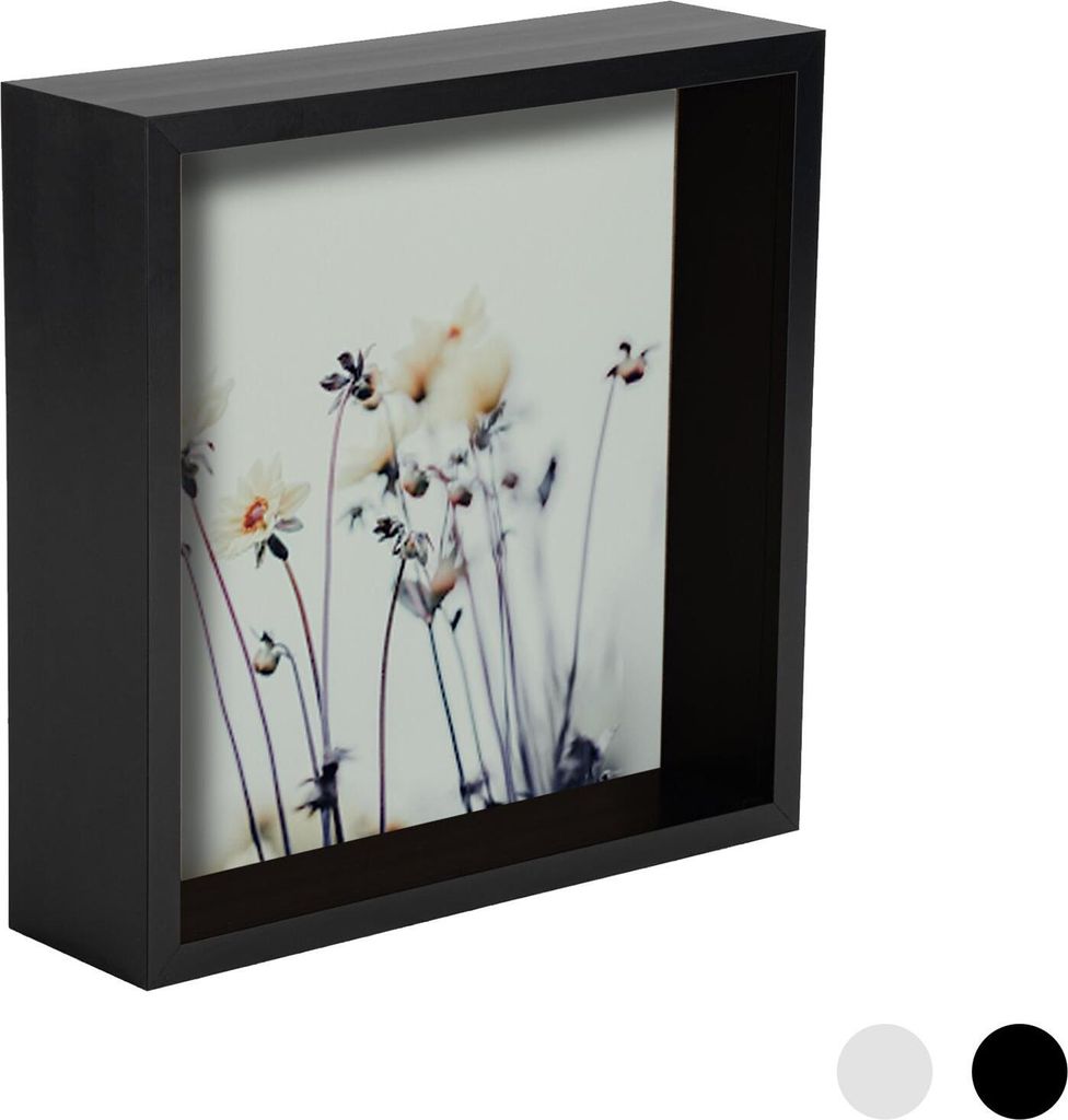 A black shadow box picture frame with a floral print inside, shown against a white background.
