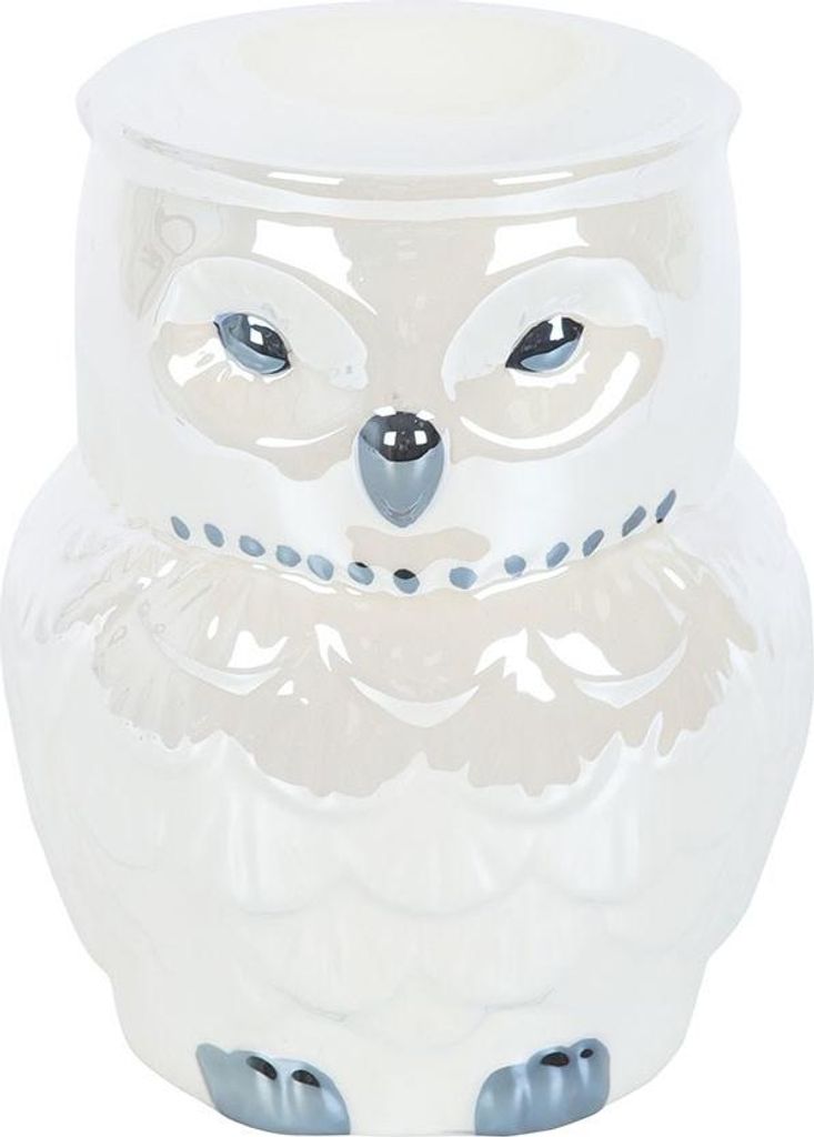 A white iridescent owl-shaped oil burner.