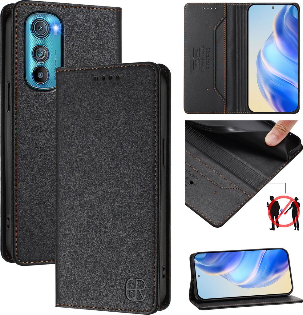 Lederhülle für Motorola Edge 30 Hülle Flip Brieftasche Kartenfächern Ständer Schutzhülle Schwarz
