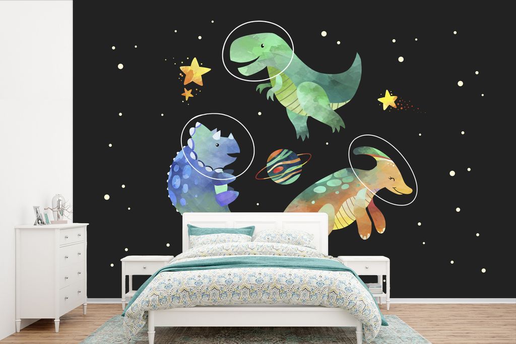MuchoWow Fototapete für Wohnzimmer oder Schlafzimmer Wandtapete Vinyl Motivtapete Sterne - Dinosaurier - Kind - Mädchen - Jungen - Kinder - Kin...