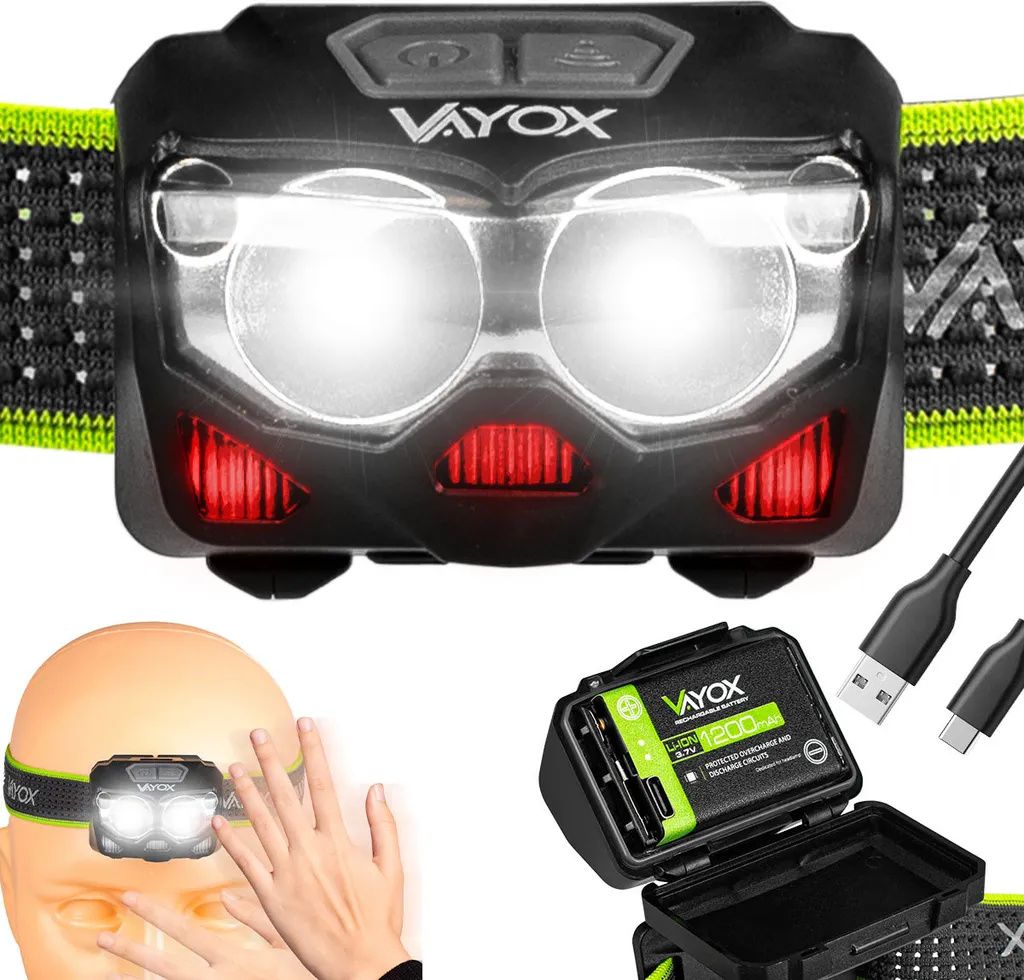 Vayox Stirnlampe VA0078 Pro Series | 500lm | XTE 5W + COB | 5 Modi | USB-C | Schwarz