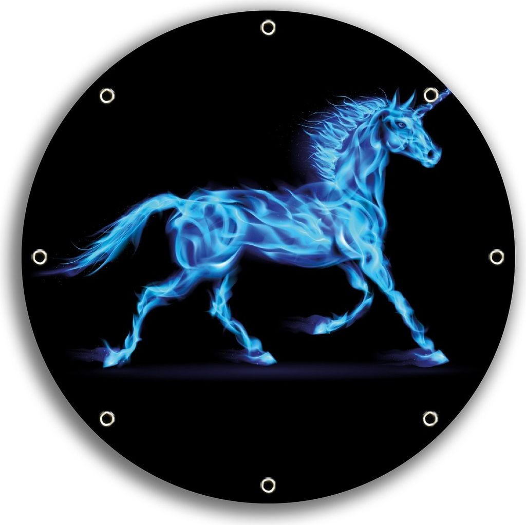 Wallario rundes Outdoor-Poster für Garten oder Balkon, Motiv Design Einhorn - aus blauen Flammen, 30 cm Durchmesser