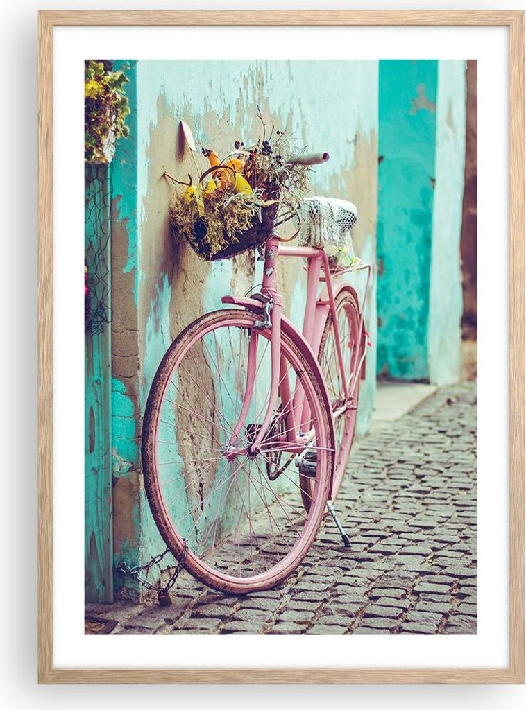Gerahmtes Poster - Rahmen in heller Eiche - Rosa Fahrrad Produktbild 