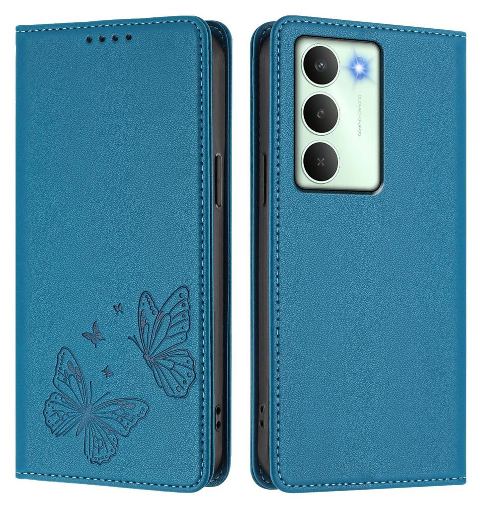 Lederhülle für Realme14X/Realme C75 5G, Schmetterling Prägung Leder Brieftasche Schutzhülle mit Ständer Blau