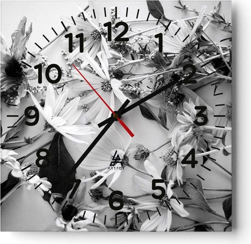 Wanduhr - Quadrat - Glasuhr - Blumen Schwarzweiß Fotografie - 40x40cm - Schleichendes Uhrwerk - Lautlos - zum Aufhängen bereit - Dekoration Moder...