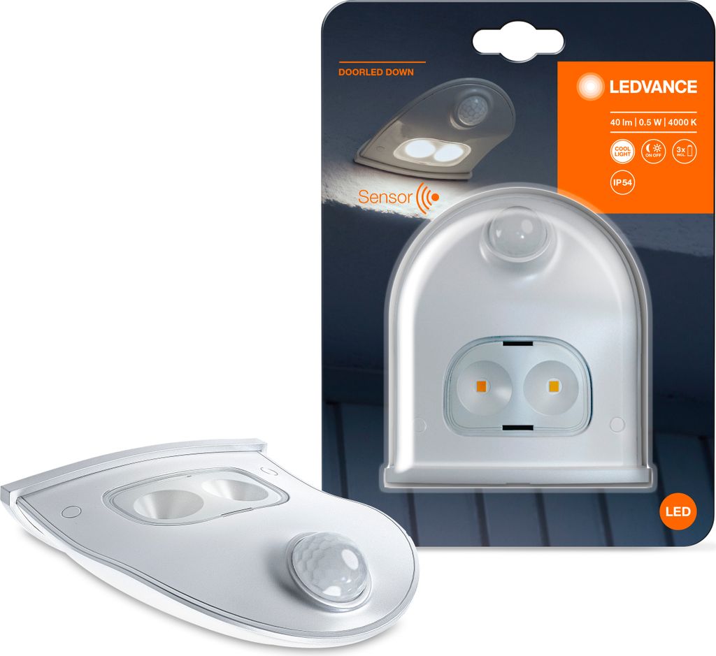 A product package for a LEDVANCE door LED downlight with a sensor, shown with the product itself in the foreground and the packaging in the background.