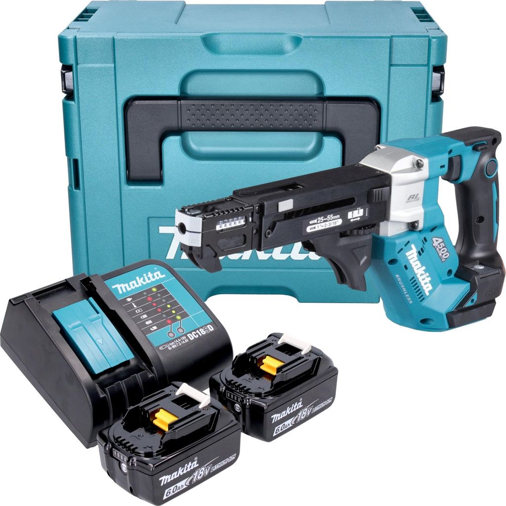 Makita DFR 552 SGJ Akku Magazinschrauber 18 V 25 - 55 mm Brushless + 2x Akku 6,0 Ah + Ladegerät + Makpac