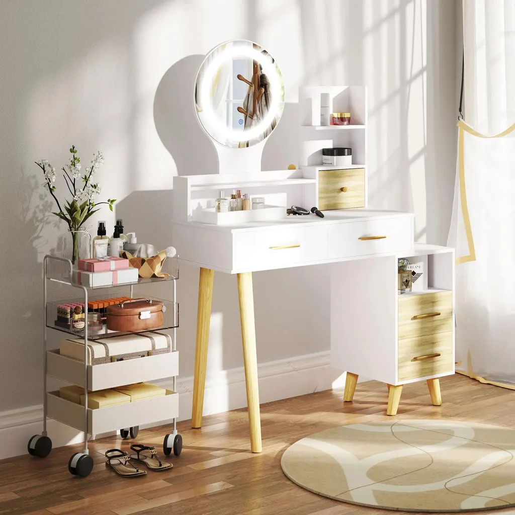 Coiffeuse avec miroir LED et luminosité réglable - Modèle Blanc Épure