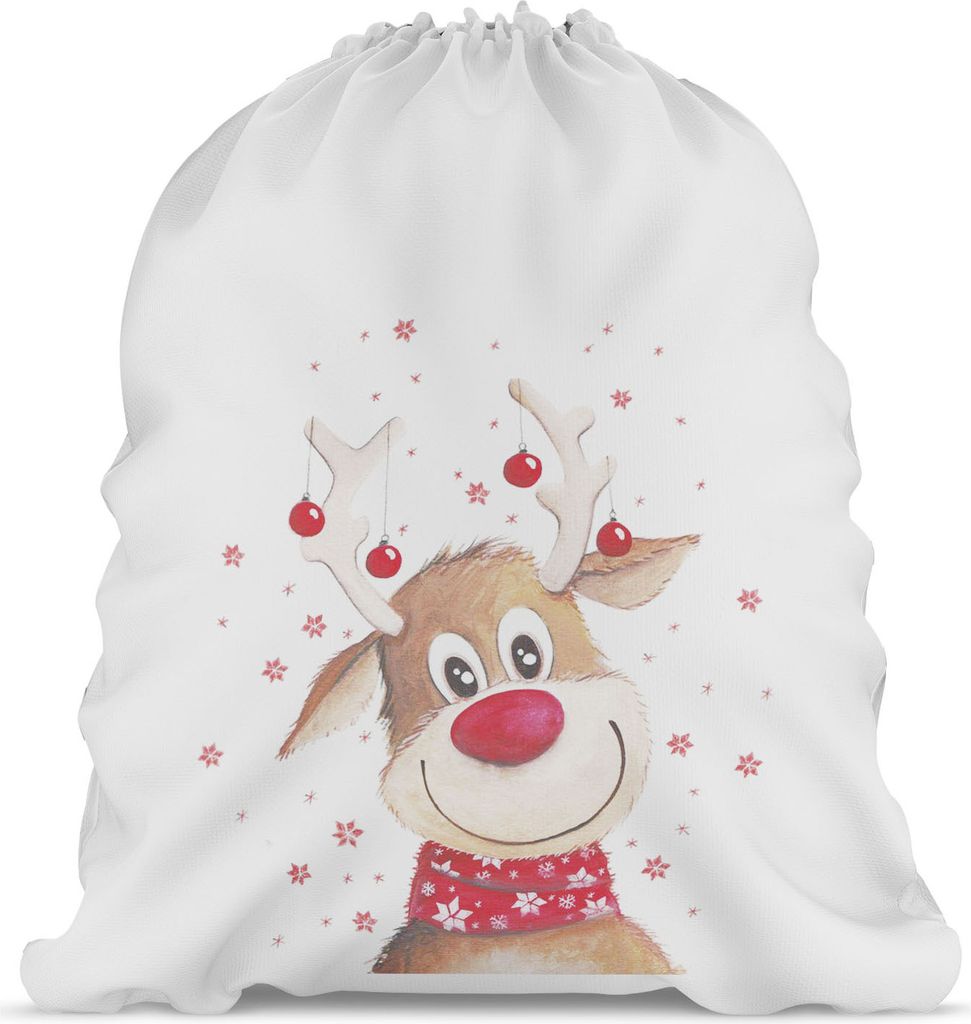 Weihnachten - Geschenk Sack vom Nikolaus mit Namen zu Verpackung von Spielzeug und Süßigkeiten viele Bunte Motive Größe 80x60 CM Motiv Rentier ...
