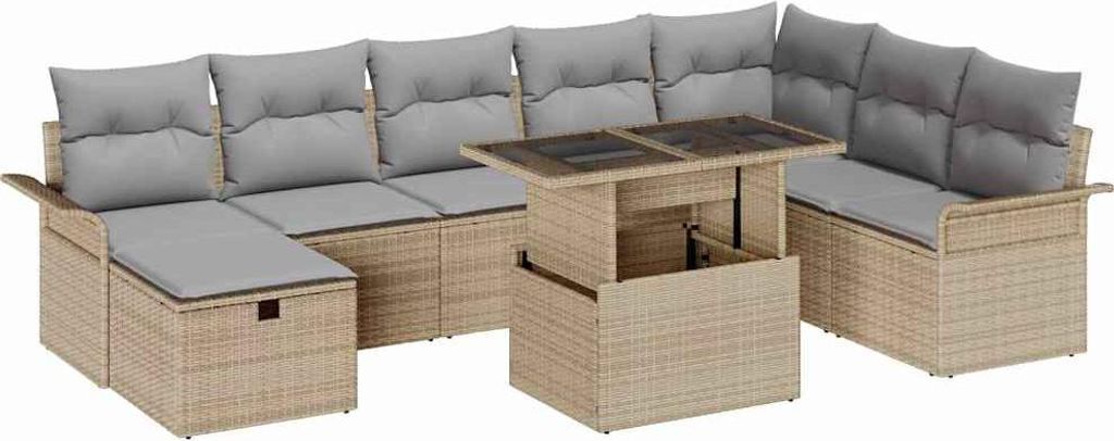 Garten-Sofa-Set mit Kissen mit Speicher 9 pcs Beige Poly Rattan