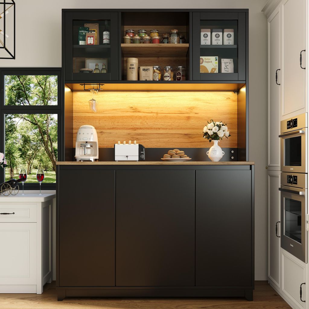 Küchenschränke (120 × 40 × 180 cm), hohe Küchenbeistelltische, Sideboards, Küchenschränke mit Acryltüren und LED-Beleuchtung, schwarz
