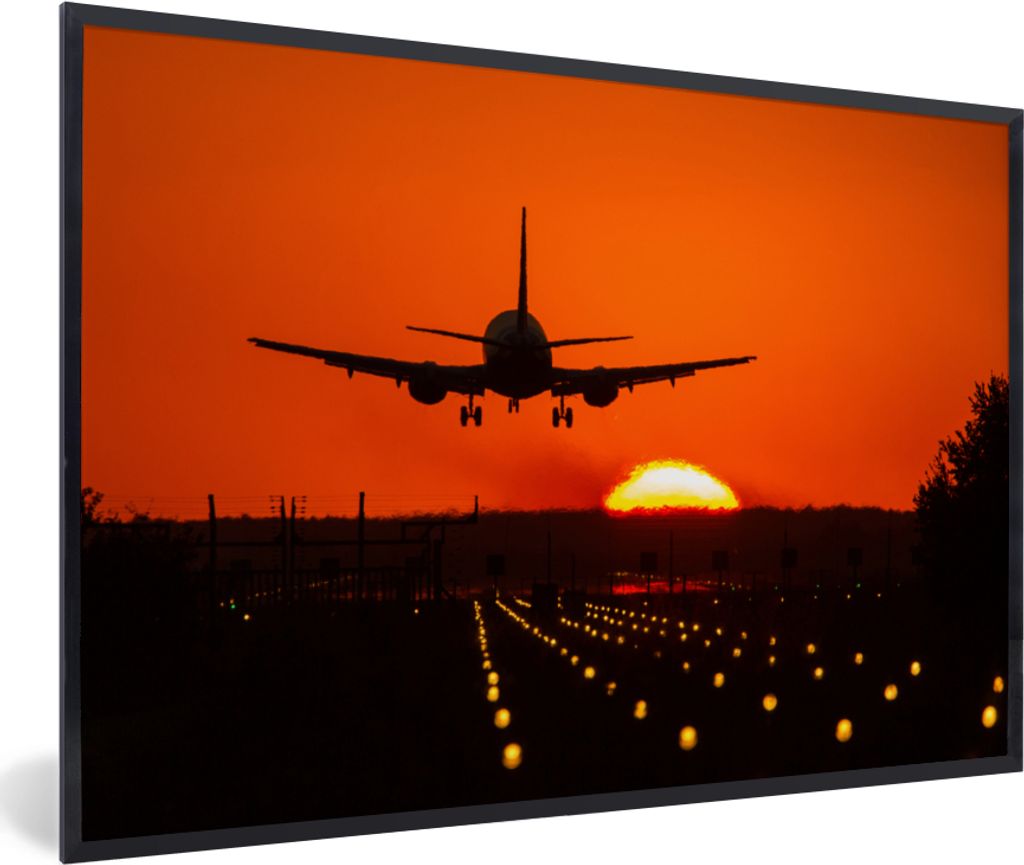 MuchoWow Gerahmtes Poster Sonnenuntergang - Flugzeug - Orange - Sonne 30x20 cm - Poster mit Schwarzem Bilderrahmen Wandposter Rahmen Foto Bilder ...