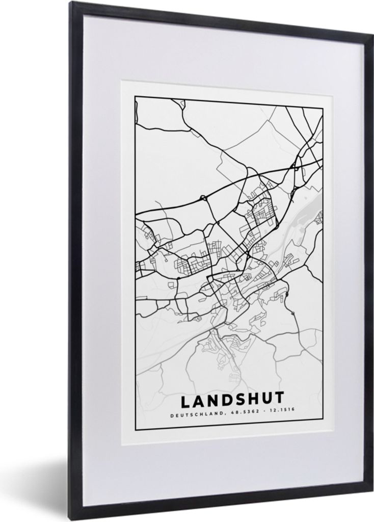 MuchoWow Gerahmtes Poster Karte - Landshut - Karte - Stadtplan 40x60 cm - Poster mit Schwarzem Bilderrahmen Wandposter Rahmen Foto Bilder - Poste...