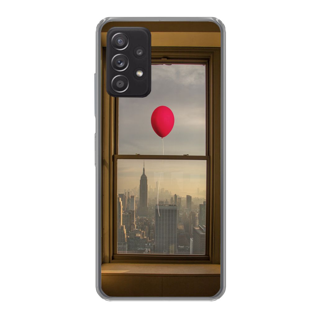 MuchoWow Handyhülle Schutzhülle Hülle für Samsung galaxy a73 Roter Ballon fliegt an Fenster in New York vorbei Silikon Softcase Handy Hülle ...