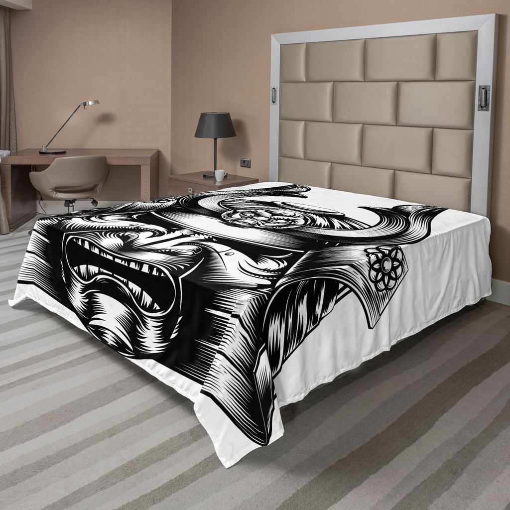 ABAKUHAUS japanisch Bettlaken, Vintage Orientalische Dämon Samurai Maske Helm Östlichen Kampfkunst Kunstdruck, weiches bequemes oberes Bettlaken ...