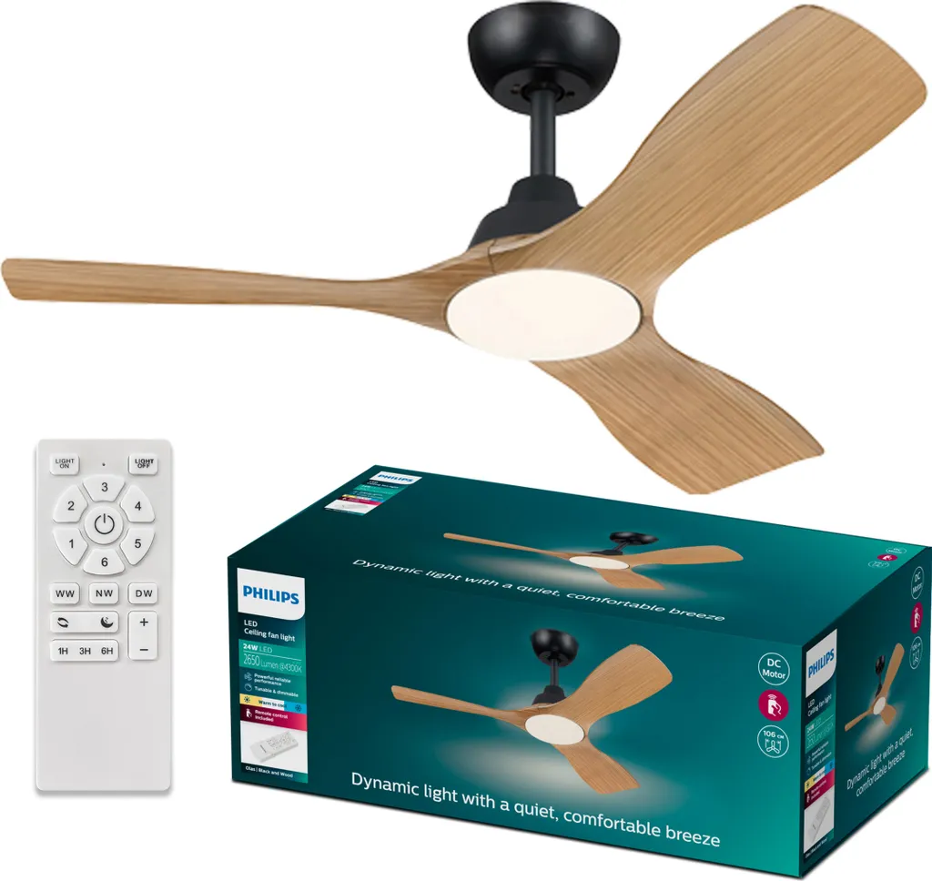 Ventilateur de plafond Moteur DC silencieux Olas 106 cm Noir avec LED