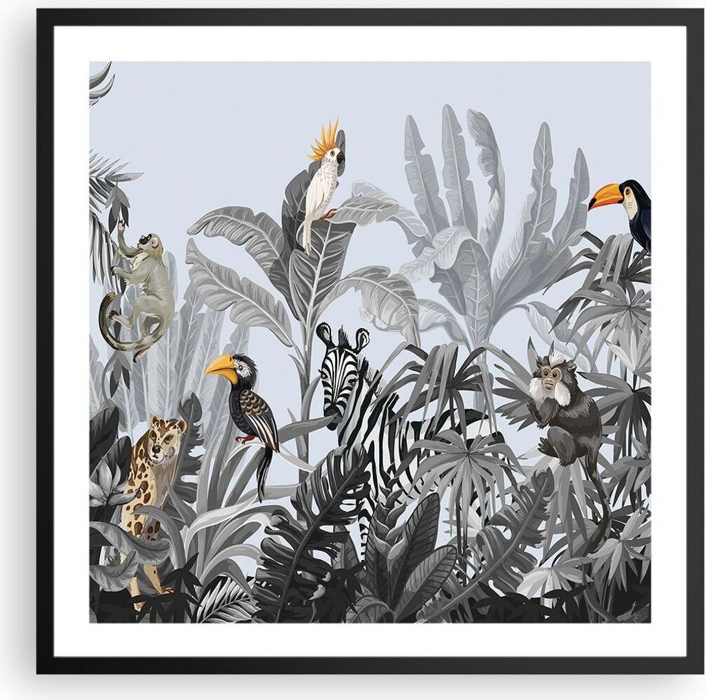 Gerahmtes Poster - Schwarzer Rahmen - Dschungel Tiere Tukane - 60x60 cm - Wand Bild - Wanddeko - Wandbilder - Kunstposter - Wandposter - Bilderrahm...
