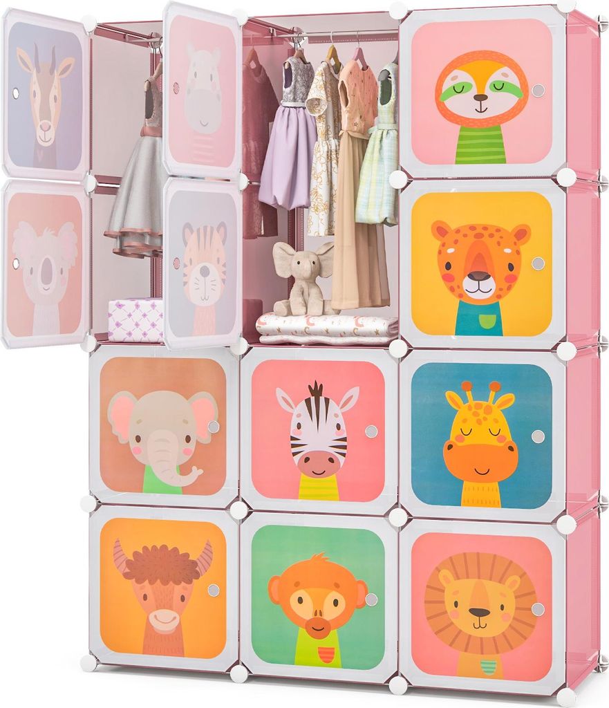 GOPLUS Kleiderschrank Kinder mit 12 Würfeln, Kinderregal mit Türen & Aufhängern, Regalsystem aus Kunststoff für Spielzeug, mit 12 Würfeln, Rosa