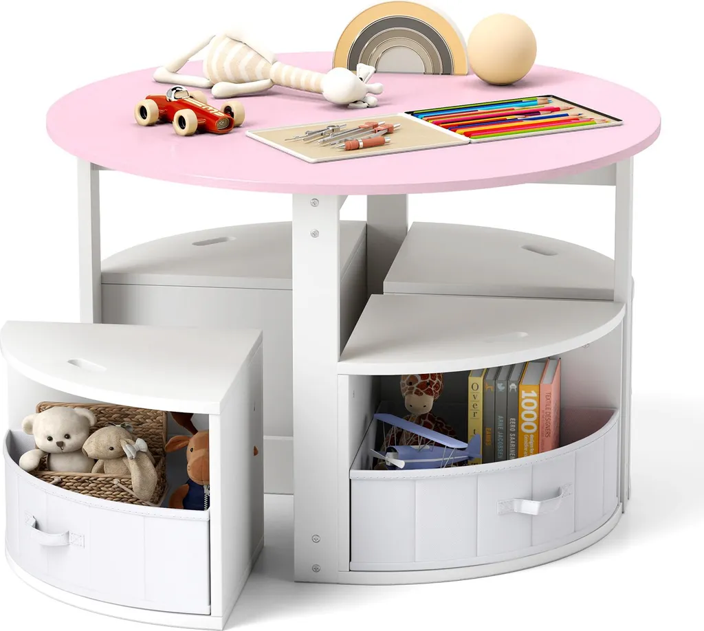 Tavolino per Bambini COSTWAY in Legno Rosa con 4 Sgabelli e Cassetti