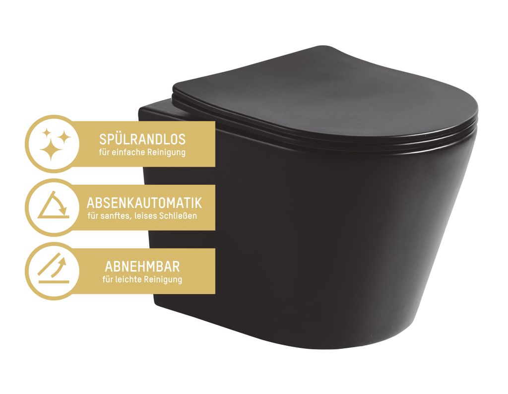 Wand WC Set 'Nakia' spülrandlos matt schwarz inkl. WC-Sitz Produktbild 