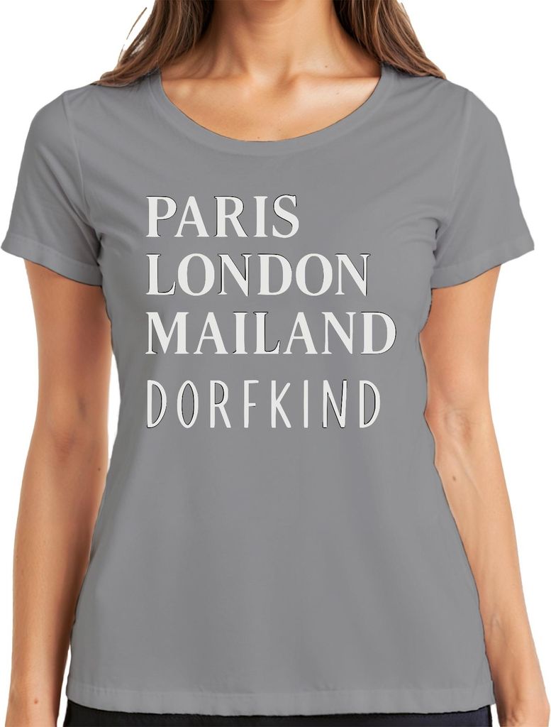 Paris London Mailand Dorfkind Städtereisen Mode Humor Citytrip Damen T-Shirt, Grau, 3XL
