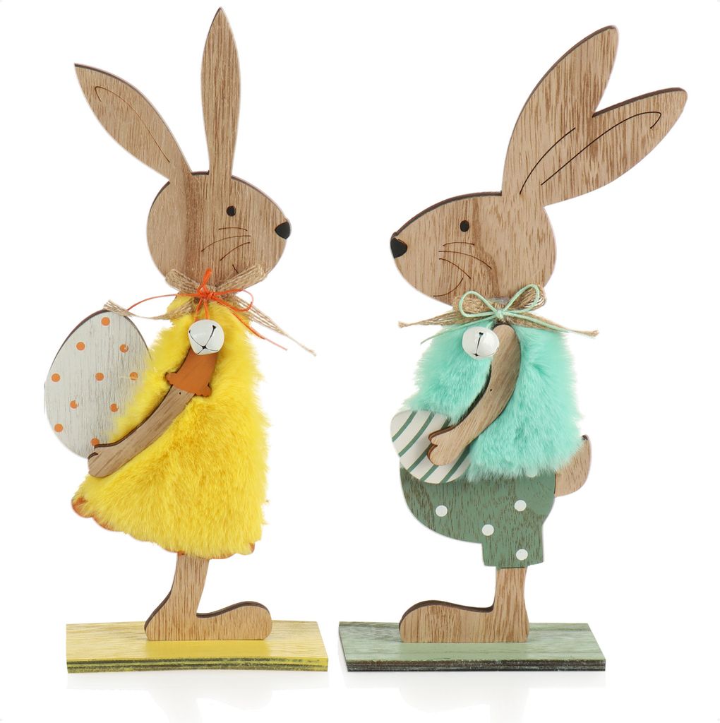 com-four 2x Deko-Aufsteller für Ostern - Osterhasen-Paar mit Osterei - Osterhasen zum Hinstellen - Osterdekoration aus Holz