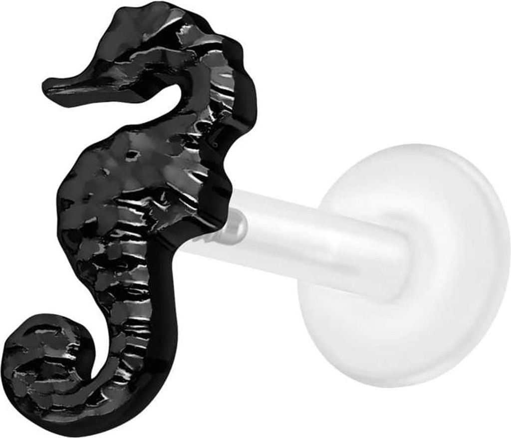 Ohrpiercing, Nasenpiercing PTFE Labret mit Innengewinde + Titan-Aufsatz SEEPFERDCHEN Schwarz Stablänge: 9mm | Stabstärke: 1,2mm