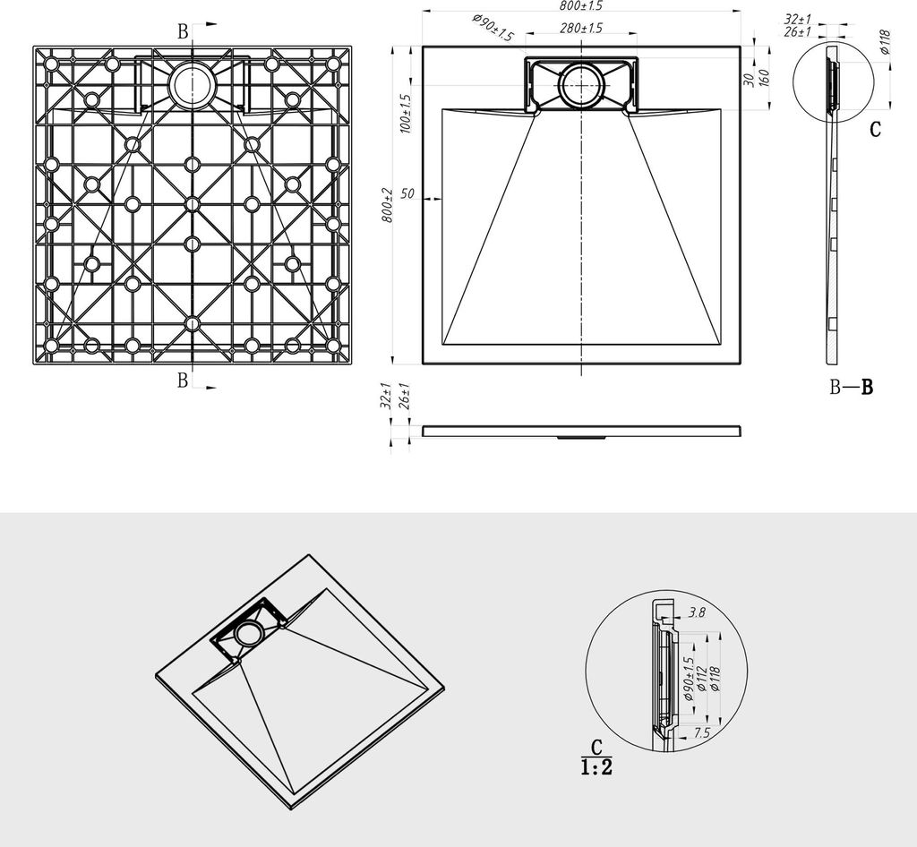 Soho SMC Duschwanne SlimLine – nur 35 mm flach, modern & robust, Größe:90 x 80 cm, Farbe:Weiß