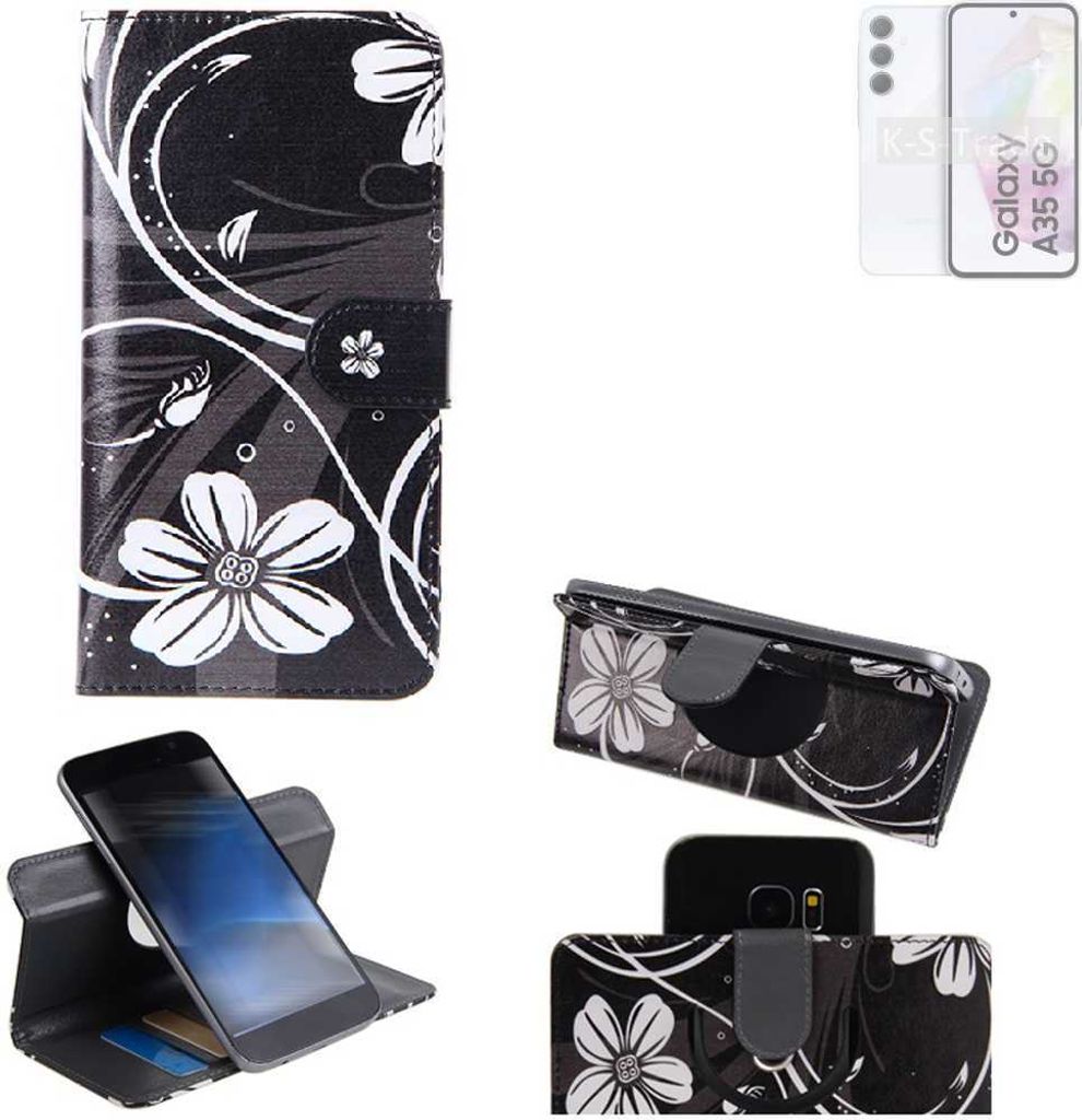 K-S-Trade Schutzhülle Handyhülle kompatibel mit Samsung Galaxy A35 5G Hülle 360° Wallet Case “Flowers“ Klapphülle Hülle schwarz-weiß 1x