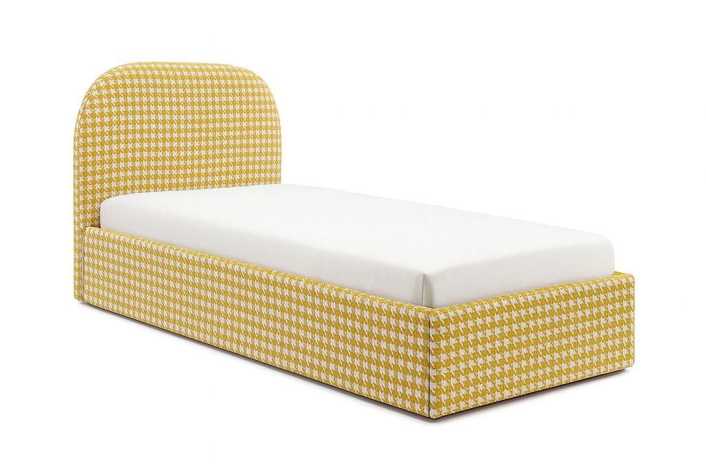 A yellow and white patterned bed frame with a white mattress, shown from a side angle against a white background.