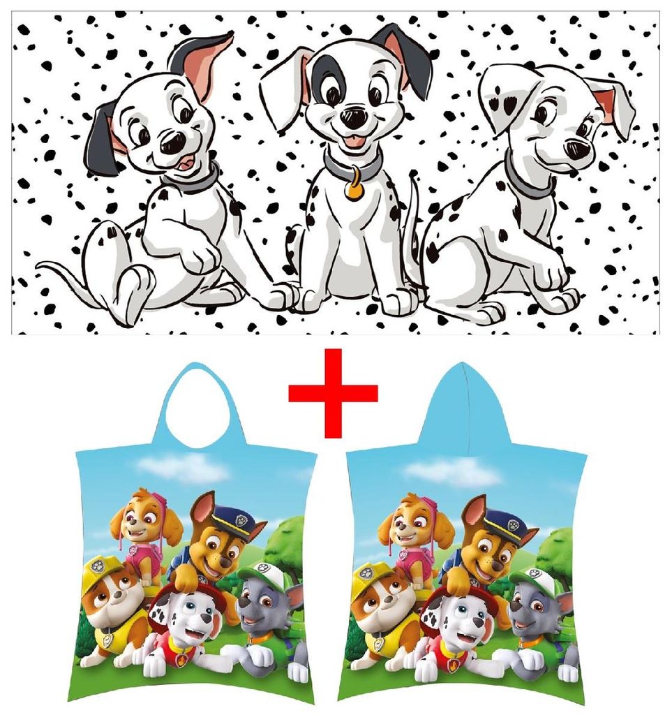 101 Dalmatiner Handtuch + Paw Patrol Badeponcho Rubble, Chase, Marshal, Hunde, 2er-Set