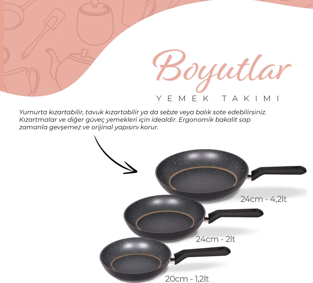 Set di padelle Serenk Excellence, set di 3 pezzi con padelle antiaderenti, pentole in granito atossiche con base a induzione, padelle per saltare in padella, lavabili in lavastoviglie, 7,8" - 9,4" - 11", Türkiye