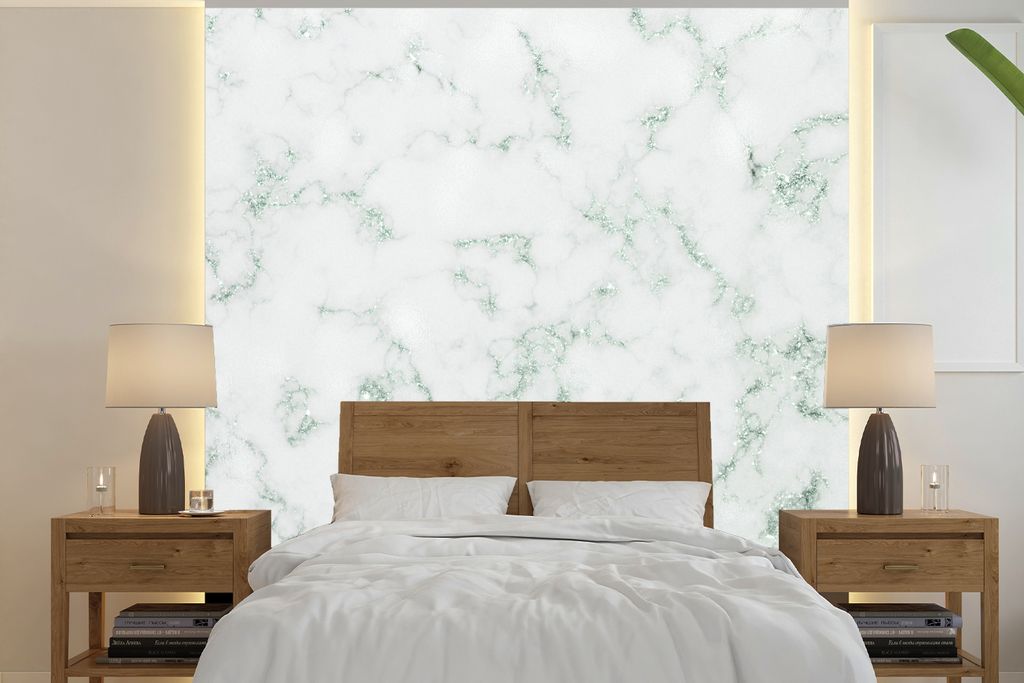MuchoWow Fototapete für Wohnzimmer oder Schlafzimmer Wandtapete Vinyl Motivtapete Marmor - Weiß - Grün - 260x260 cm - Papiertapeten