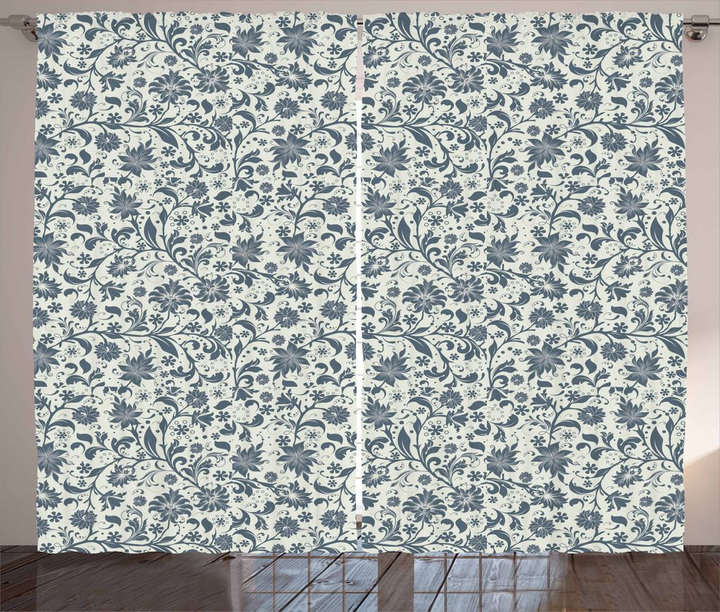 ABAKUHAUS Garten-Kunst Rustikaler Gardine, Abstrakt: Botanik, Schlafzimmer Kräuselband Vorhang mit Schlaufen und Haken, 280 x 245 cm, Blaugrau Beige