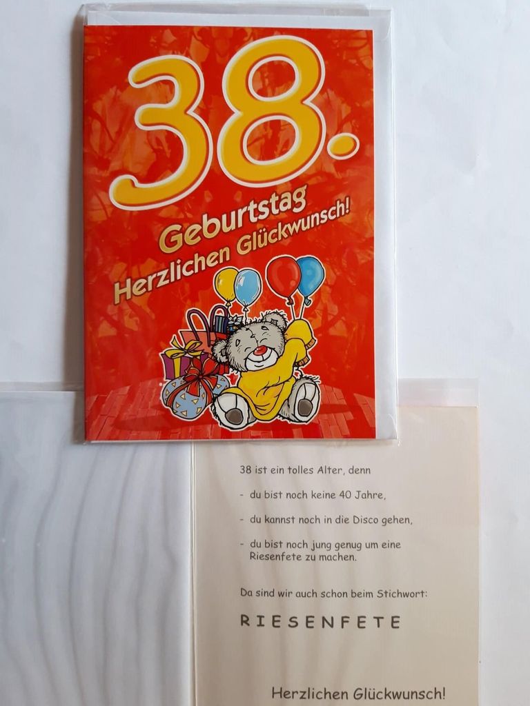 1 Glückwunschkarte, 38. Geburtstag, Doppelkarte m. Umschlag, Bär Luftballons Geschenke