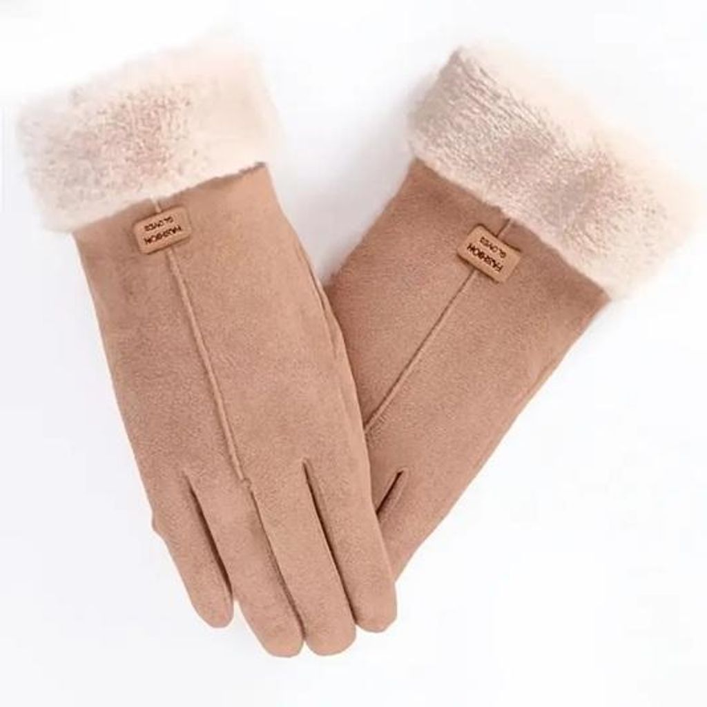 GKA Damen Handschuhe in Wildleder Optik beige, flauschig gefüttert, innen komplett mit warmen Plüsch gefüttert Touchscreen
