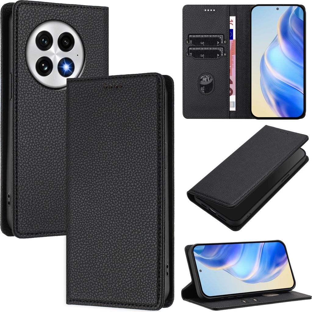 Litchi Leder Handyhülle für OnePlus 13 Wallet Kartenfächer Standfunktion Hülle Schwarz