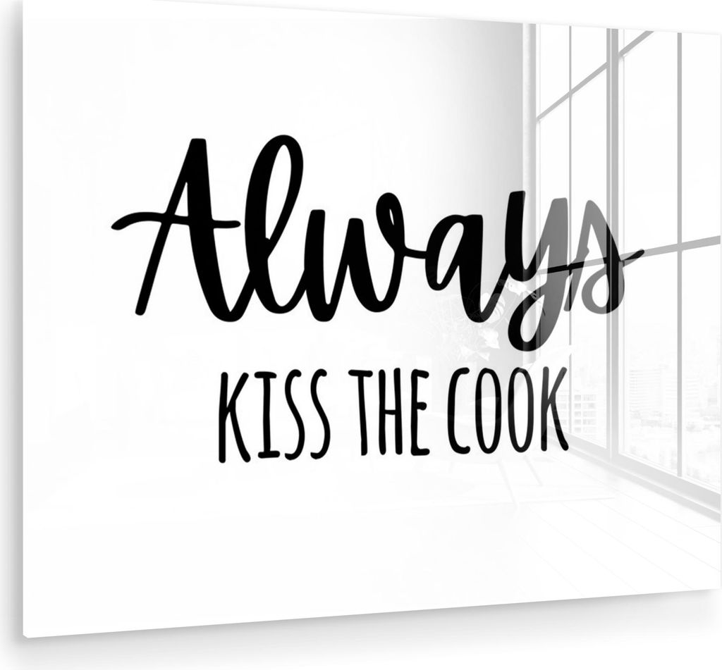 MuchoWow Glasbilder - Bilder auf Wandbild - Foto auf Glas Zitat - 'Immer den Koch küssen' - Liebe - Weiß - Schwarz 40x30 cm Wanddekoration aus Gl...