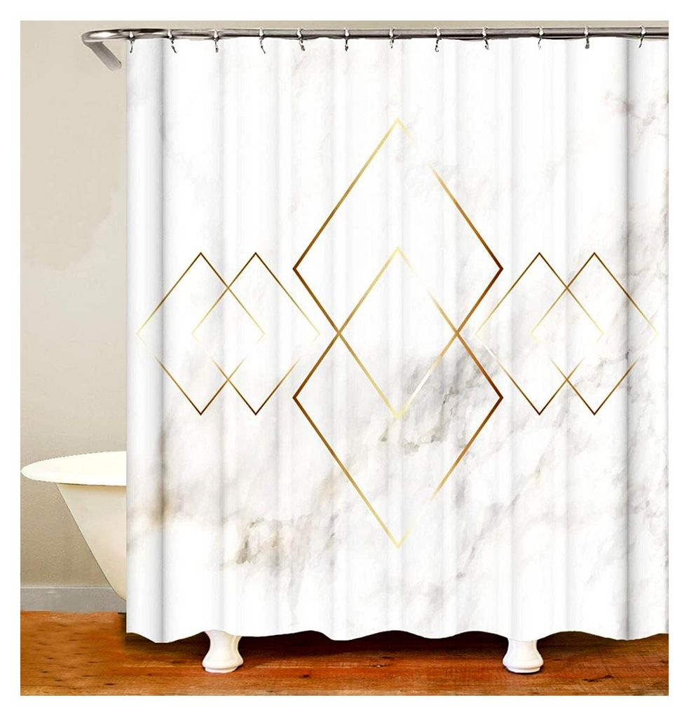 Duschvorhang Gold Linie Marmor Raute Badezimmer Textil Vorhang Antischimmel Effekt waschbar 12 C-Ringe