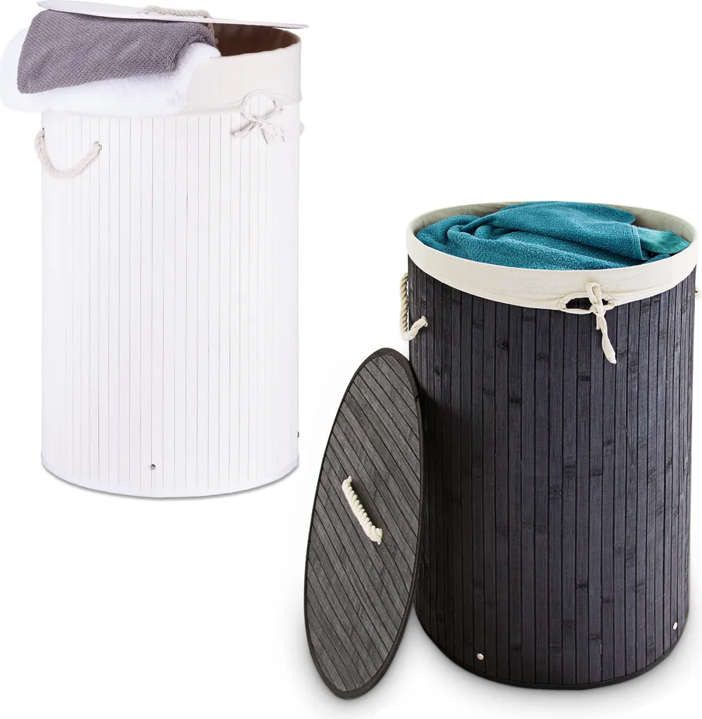 Panier à linge rond lot de 2 corbeilles à linge en tissu gris et bois